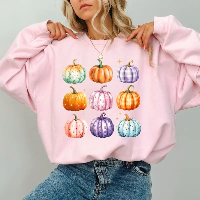 Colorful Pumpkins Sweatshirt, Fall Pumpkin Crewneck, Autumn Pumpkin Sweater, Sparkle Pumpkin Sweatshirt, Vintage Pumpkin...