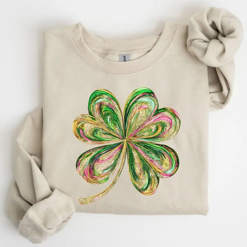 Colorful Shamrock, Four Leaf Clover, Sequin Style, Lucky, Irish, Lucky Charm, Retro, St Patrick's Day Sweatshirt, Crew...