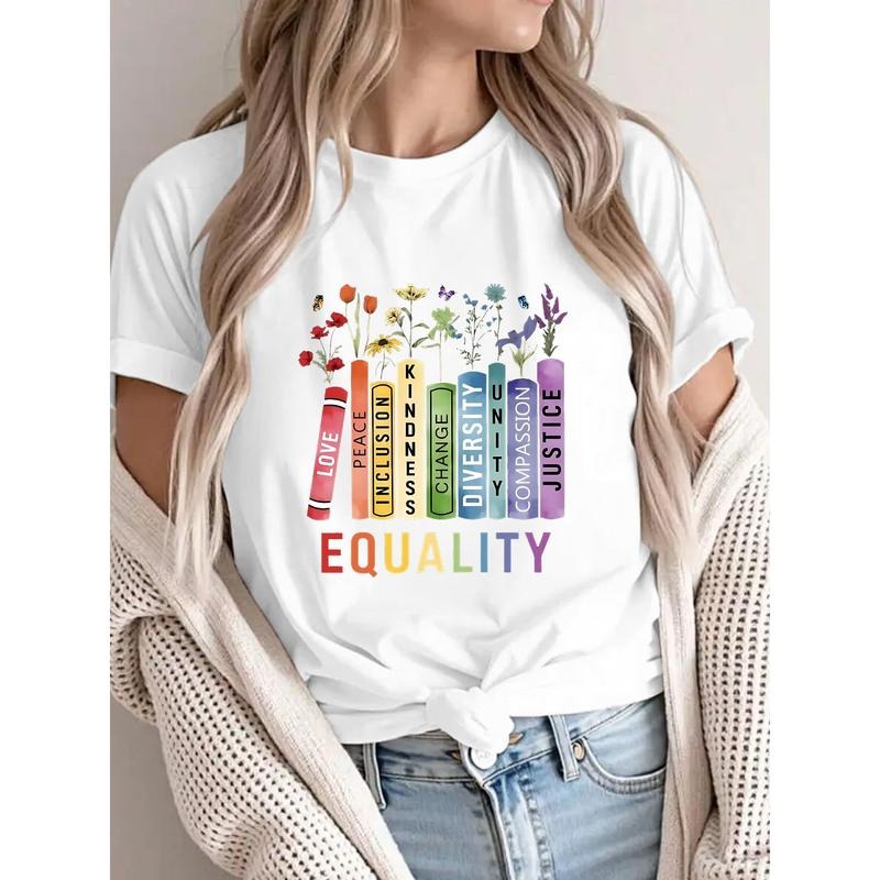 Colorful and Inspiring T - Shirt with 'Love Peace Inclusion...Equality' Message and Floral - Book Graphic