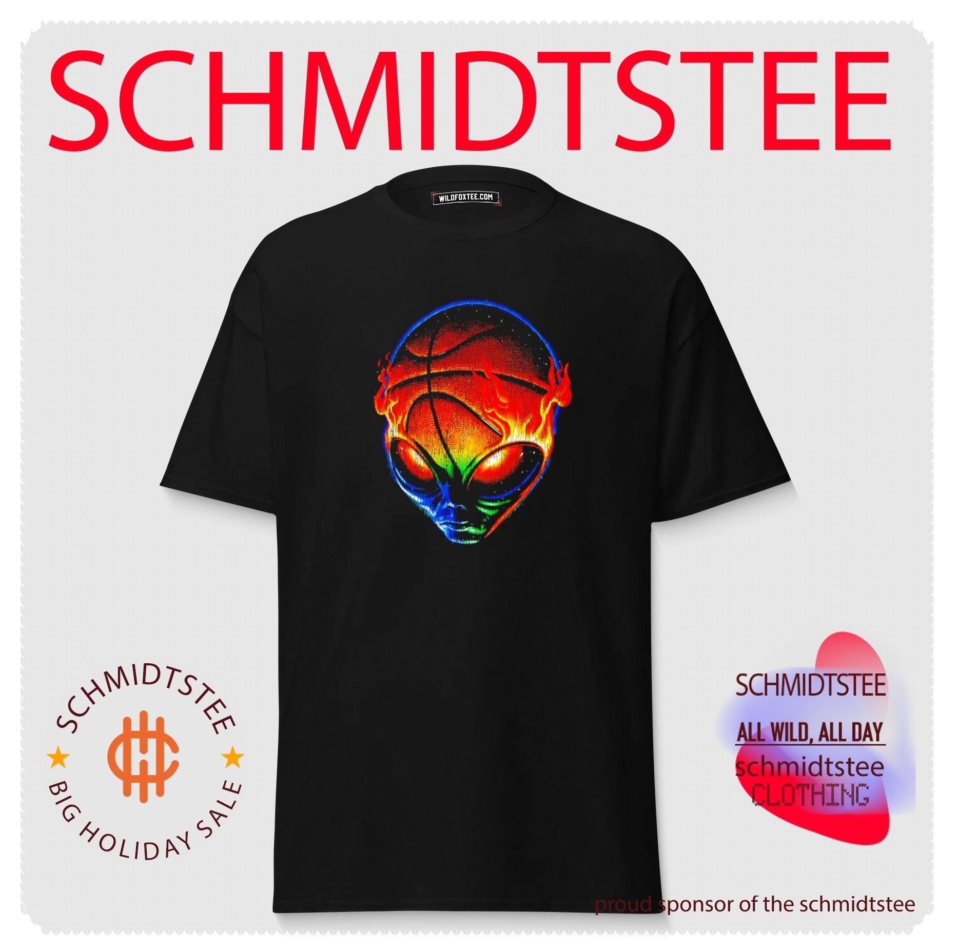 Colorful flaming alien basketball graphic shirt