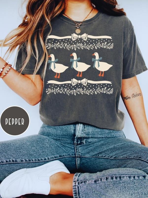 Comfort Colors 1980s Blue Ribbon Goose With Hearts Ugly Shirt, Vintage Original Shirt Bows and Adorable Doodle Hearts...