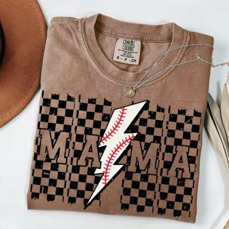 Comfort Colors Baseball Game Day T-Shirt, Retro Checkered Lightning Baseball Tee, Mama Shirt, Graphic Tees Hoodie Sweatshirt