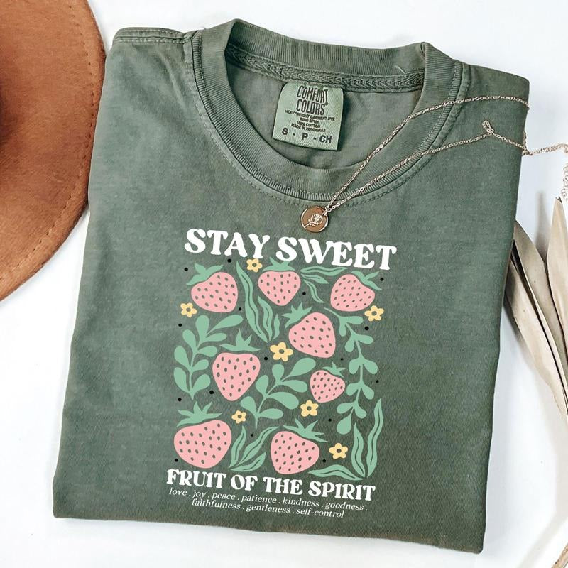 Comfort Colors Boho Christian Strawberry Shirt - Fruits of the Spirit Bible Verse Shirt - Retro Jesus Apparel Cottagecore...