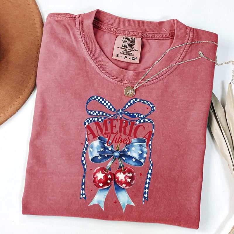 Comfort Colors Checkered America Cherries Shirt, America Vibes T-Shirt, Cherry Bow 4th Of July Tee Hoodie Sweatshirt
