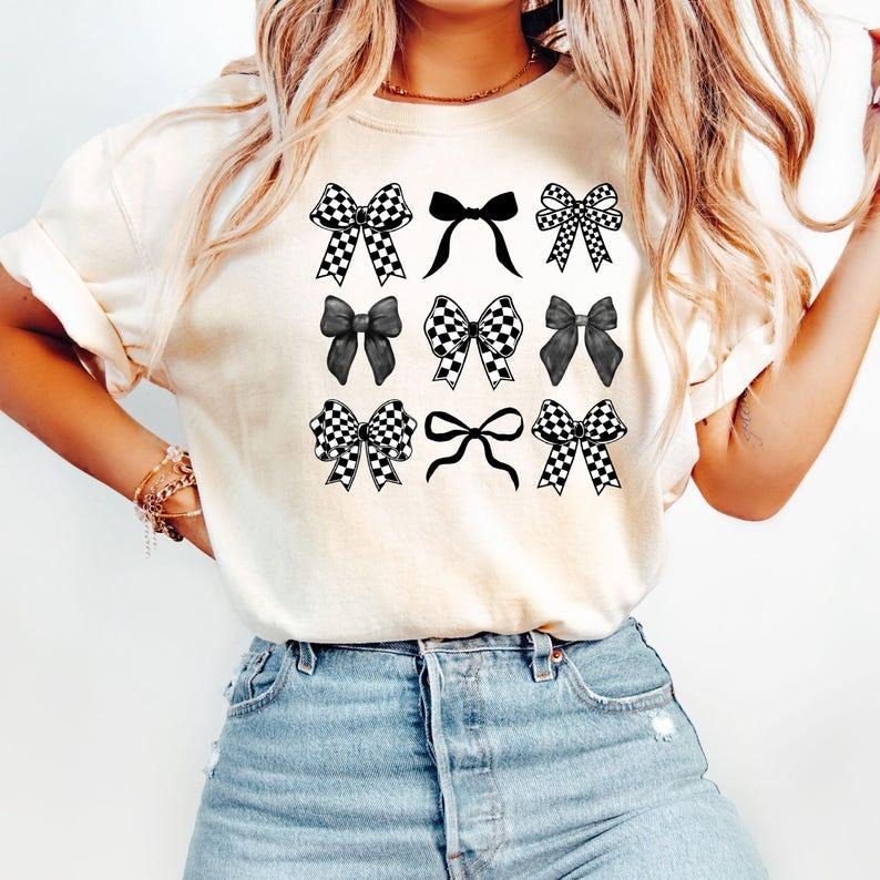 Comfort Colors Checkered Bow T-Shirt, Coquette Bow Shirt, Bows Shirt, Black Bow Shirt, Retro T-Shirt Hoodie Sweatshirt
