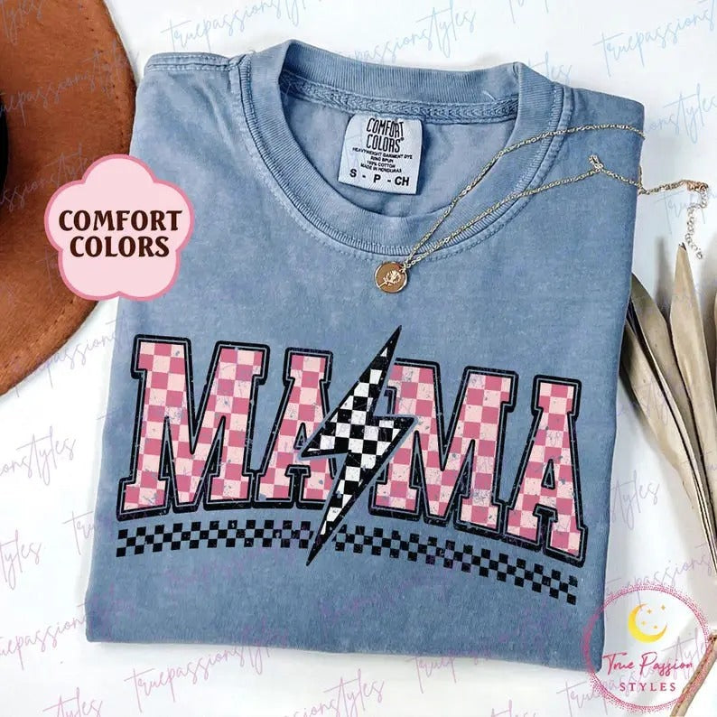 Comfort Colors Checkered Mama Tshirt, Lightening Bolt Mama Shirt, Mothers Day Gift, New Mom Tee, Motherhood T-shirt,...