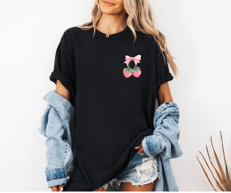 Comfort Colors Coquette Strawberry Bow Tee Shirt