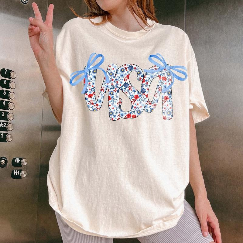 Comfort Colors Coquette USA Shirt, 4th of July Shirt Women, Stars Stripes USA Flag Shirts, Floral Patriotic Shirt, Red...