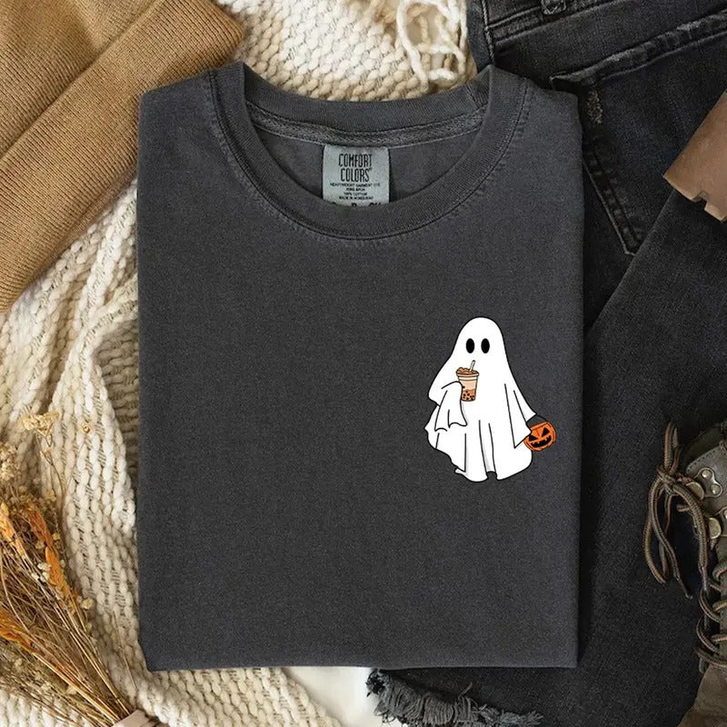 Comfort Colors Cute Ghost Coffee T-shirt, Cute Little Ghost Iced Coffee Shirt, Halloween Coffee Lovers, Halloween Shirt,...