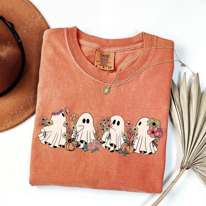 Comfort Colors Cute Ghost Flower Shirt, Floral Ghost Shirt, Halloween Ghost Shirt, Spooky Season, Womens Halloween Shirt,...