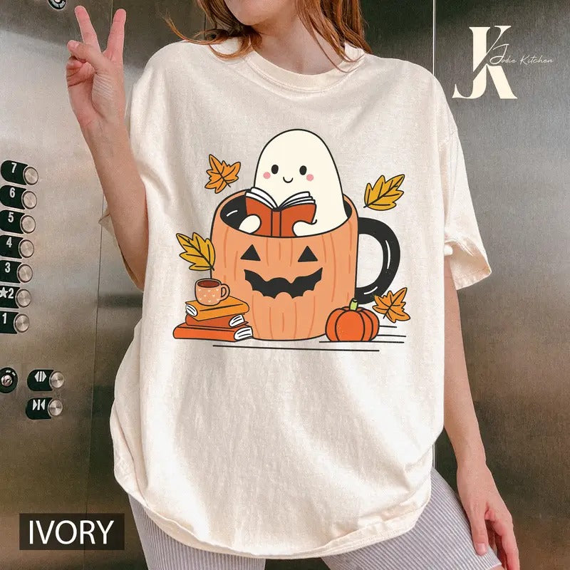 Comfort Colors Cute Ghost Reading Books Shirt, Women's Halloween Shirt, Books Lover Halloween Shirt, Bookish Halloween...