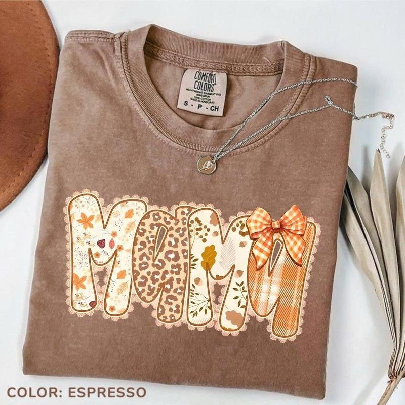Comfort Colors Fall Mama T-shirt Cute Coquette Thanksgiving Tee Pumpkin Season Autumn Graphic Tee Cozy Fall Gift for Mom...