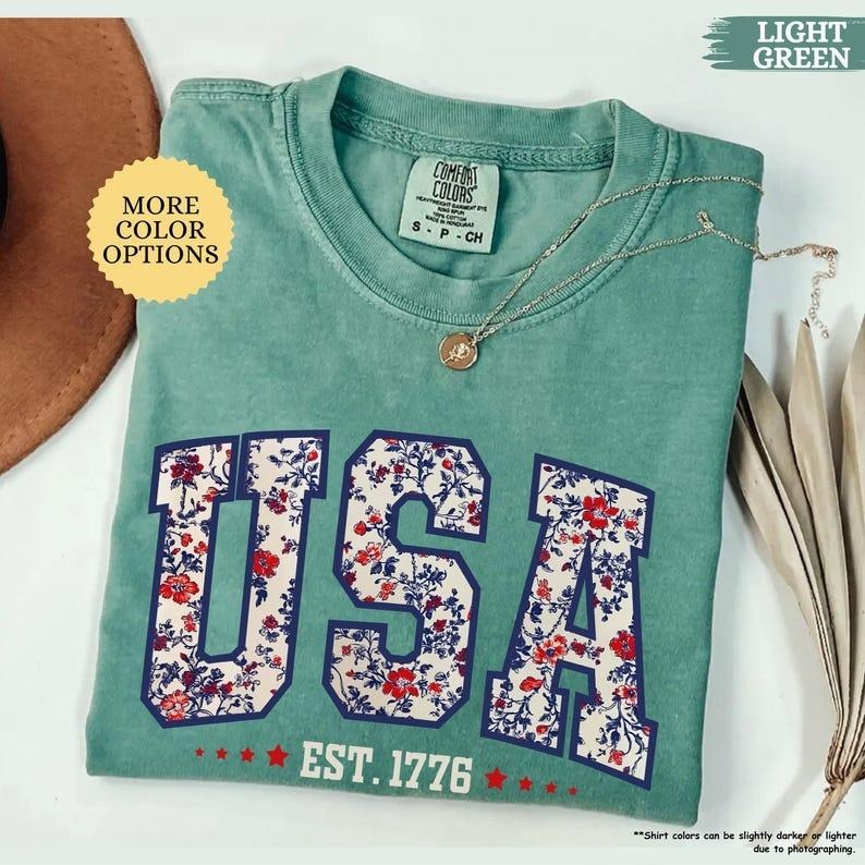 Comfort Colors Floral USA Shirt, American Girl Shirt, USA Est 1776 Shirt, Girly 4th of July Shirt, Patriotic Women Shirt,...