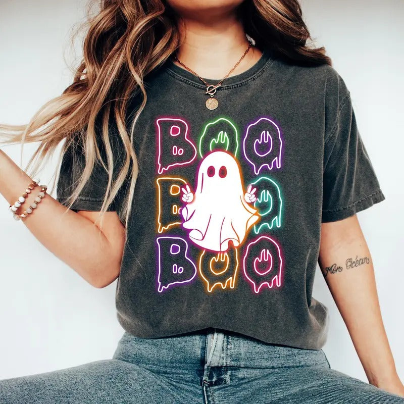 Comfort Colors Halloween Boo Neon T-Shirt, Neon Halloween Ghost Shirt, Halloween Ghost Neon Shirt, Halloween Party Shirt,...