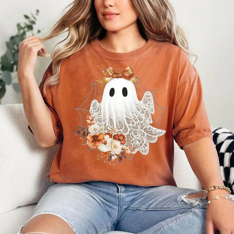 Comfort Colors Halloween Lace Ghost Shirt, Cut Floral Ghost Shirt, Spooky Fall Floral Shirts, Coquette Bow Girl Halloween...