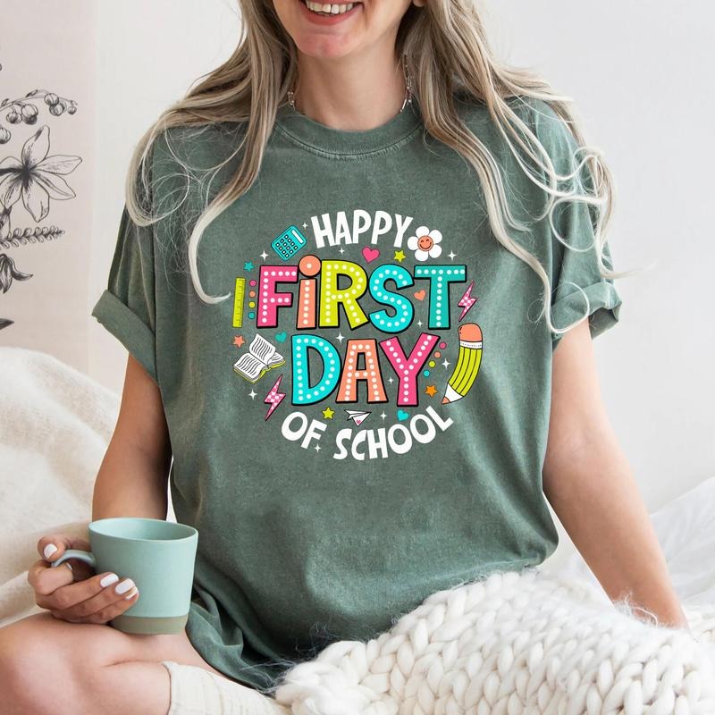 Comfort Colors Happy First Day of School T-Shirt, Teacher Gift, First Day of School Shirt, Back To School T-Shirt, 1st...