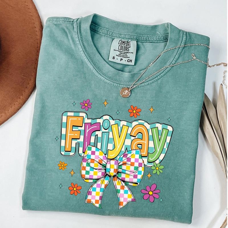 Comfort Colors Happy Friyay Shirt Retro Friyay Checkered Shirt Friday Shirt Checkered Coquette Bow Teacher T-Shirts, Hoodie, Sweatshirt