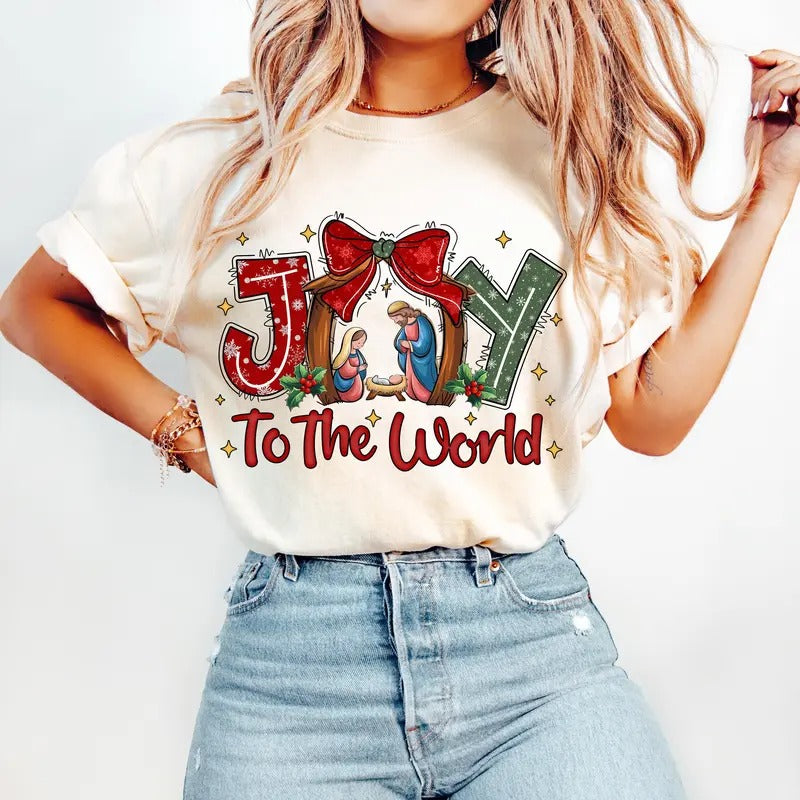 Comfort Colors Joy To The World Shirt, Coquette Jesus Christmas Shirt, Christian Christmas T-Shirt Hoodie Sweatshirt