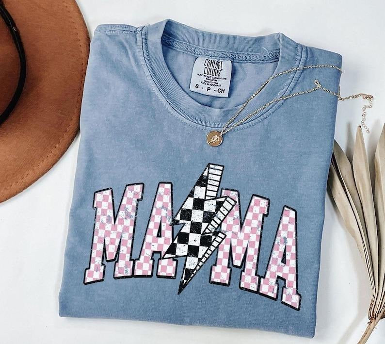 Comfort Colors Lightning Bolt Mama Shirt, Retro Mama Shirt, Checkered Mama Shirt, Mothers Day Gift, Mothers Day Shirt,...