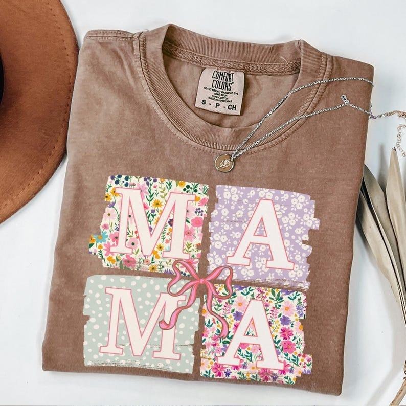 Comfort Colors Mama Shirt, Coquette Bow Mama T-Shirt, Floral Mom Tshirt, Spring Mama Shirt, Springtime Mom Tee, Mothers...