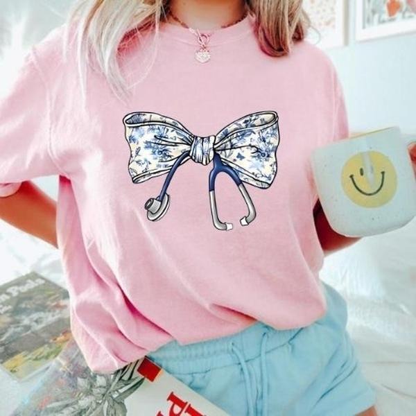 Comfort Colors Nurse Toile Bow T-Shirt, Stethoscope Bow Shirt, Nurse Coquette TShirt, Gift for Nurse, Healthcare...