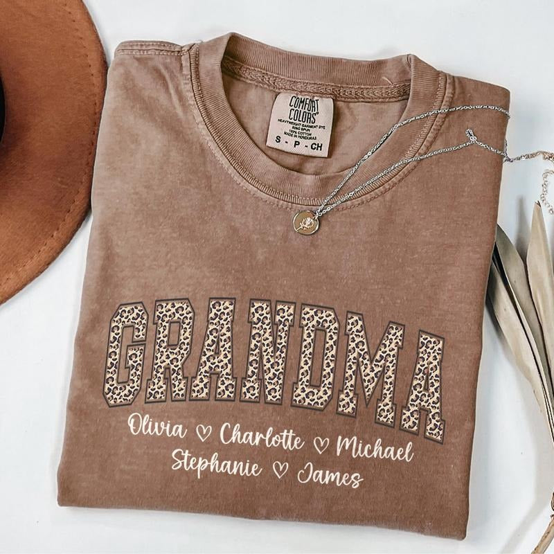 Comfort Colors Personalized Grandma T-Shirt with Leopard Print, Mothers Day Gift for Grandma, Nana Shirt, Gigi Tee...