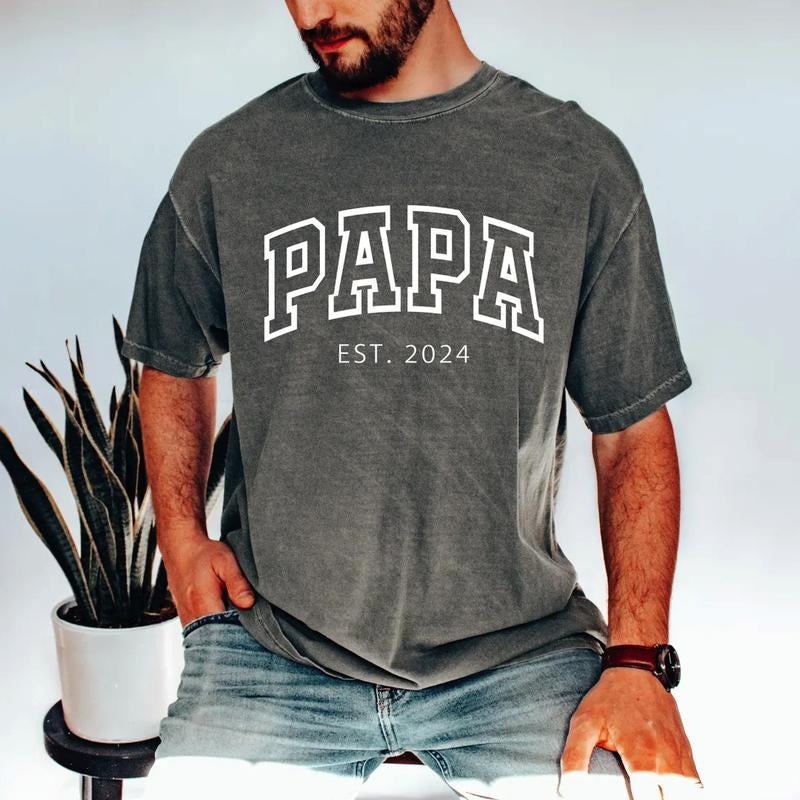 Comfort Colors Personalized Papa Shirt With Est Year, Custom Dad Tshirt, Pregnancy Reveal Gifts For Daddy, New Dad...