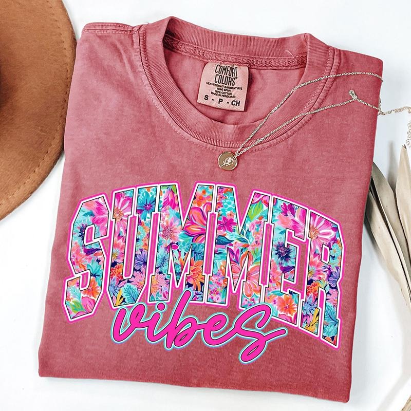Comfort Colors Preppy Summer Vibes Shirt, Retro Floral Summer T-Shirt, Summer Brushstroke Tee, Hello Summer TShirt, Girly...