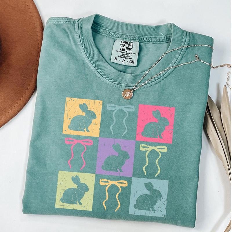 Comfort Colors Retro Checkered Easter Shirt, Easter Coquette Bow T-Shirt, Happy Easter Day Gift, Trendy Graphic Tee...