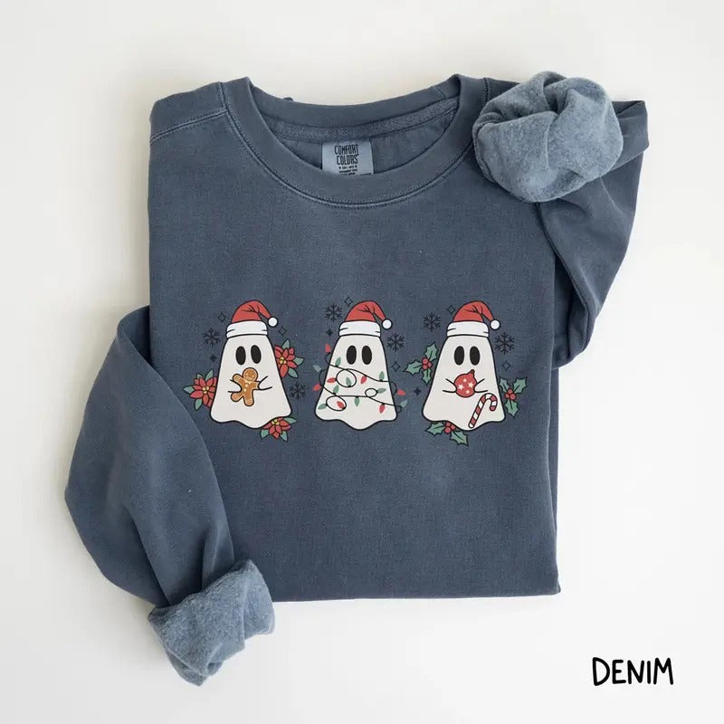 Comfort Colors Retro Ghost Santa Sweatshirt, Cute Christmas Ghost Tee Shirt, Holiday Ghost Sweater, Spooky Christmas...