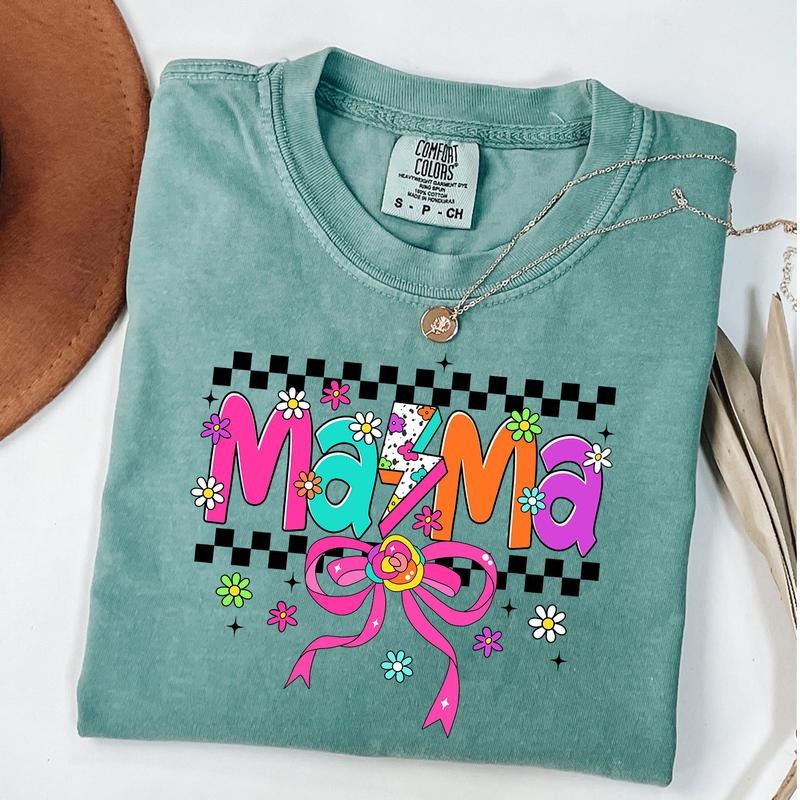 Comfort Colors Retro Mama Coquette Bow Shirt, Mama Checkered T-Shirt, Lightning Bolt Mama Shirt, Daisy Mom Tee, New Mom...