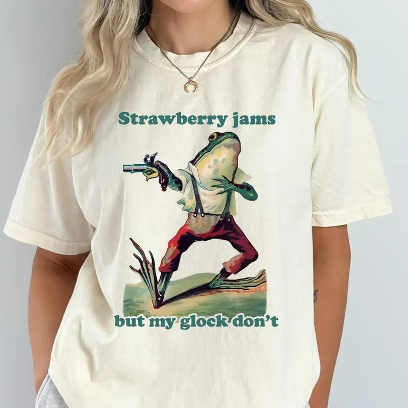 Comfort Colors Retro Meme Shirt Strawberry Jams But My Pew Pew Don'T Funny Frog Raccoon Shirt Funny Meme Sarcastic Y2K Shirt T-Shirts, Hoodie, Sweatshirt