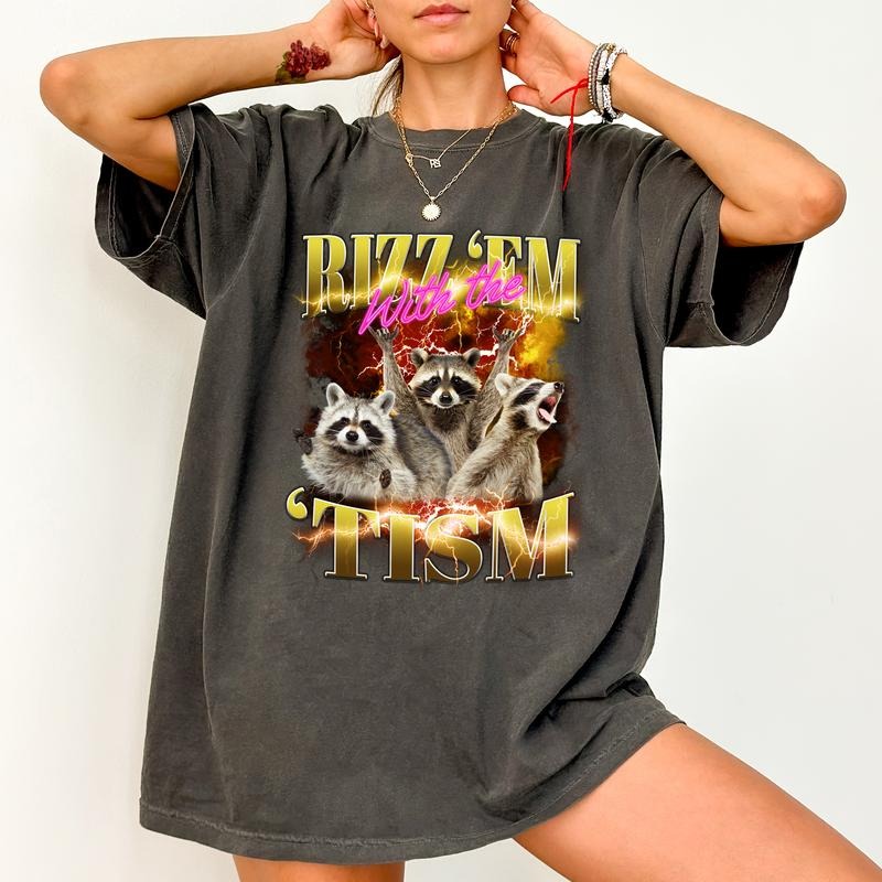 Comfort Colors Rizz 'Em With The 'Tism Raccoon Shirt, Vintage 90s Raccoon Bootleg Graphic Tee, Funny Raccoon Tee for...