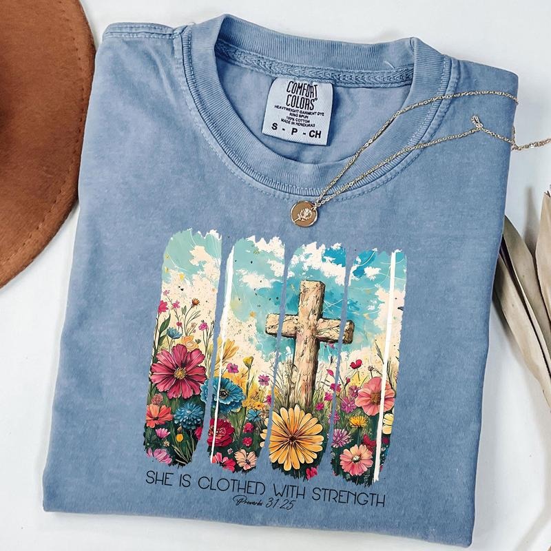 Comfort Colors She is Clothed with Strength Shirt, Wildflower Christian Shirt, Bible Verse, Jesus, Faith, God, Unisex...