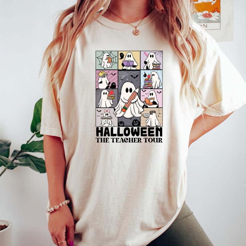 Comfort Colors Teacher Halloween Shirt, Halloween The Teacher Tour, Ghost Reading Book Shirt, Spooky Teacher Shirt, Ghost...