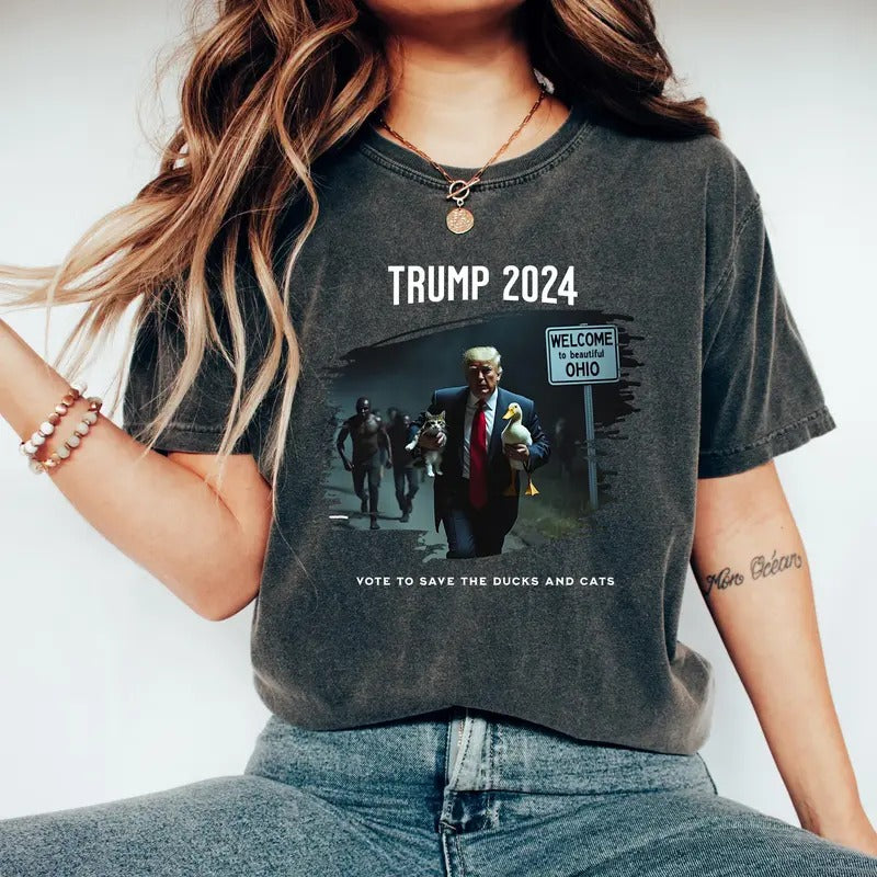 Comfort Colors Trump 2024 Duck Kitten Shirt, Cat Lady Springfield OH Shirt, Felon 2024 Unisex Vintage Style, Trump Cat...
