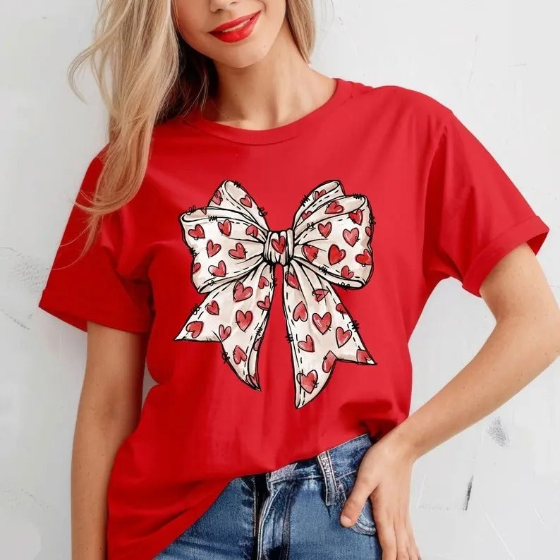 Comfort Colors Valentines Day Heart Bow Shirt, Coquette Bow T-Shirt, Valentine Day Bow Tee, Heart T-Shirt, Gift For...