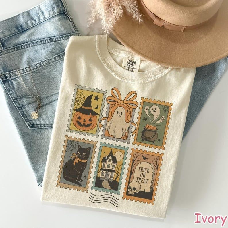 Comfort Colors Vintage Halloween Ghost Pumpkin Cat Shirt, Retro Ghost Shirt, Spooky Season, Women's Halloween Shirt, Fall...