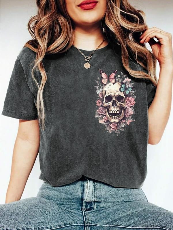 Comfortable color floral skull shirt floral butterfly skull T-shirt, natural plant shirt Halloween skull T-shirt Hoodie...