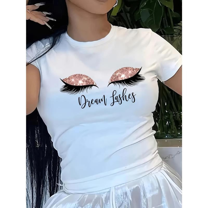 Comfy Women's Crew Neck Short Sleeve Eyelash Print T-shirt for Summer & Spring, Casual Top style 02 Hoodie Sweatshirt