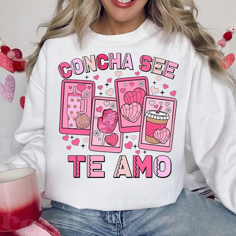 Concha See Te Amo Sweatshirt, Mexican Valentine Shirt, Cafecito Y Chisme Valentine's Day Sweater, Concha Valentine's Day,...