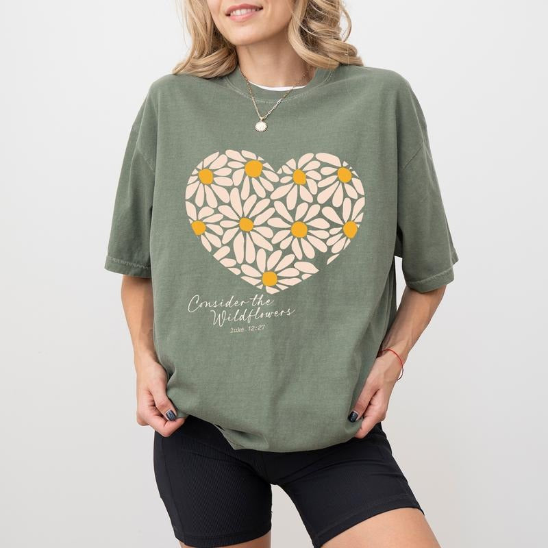 Consider Wildflowers Shirt, Retro Floral Christian Graphic Tee Women, Boho Flower Printed T-shirt, Bible Verse Luke 12...