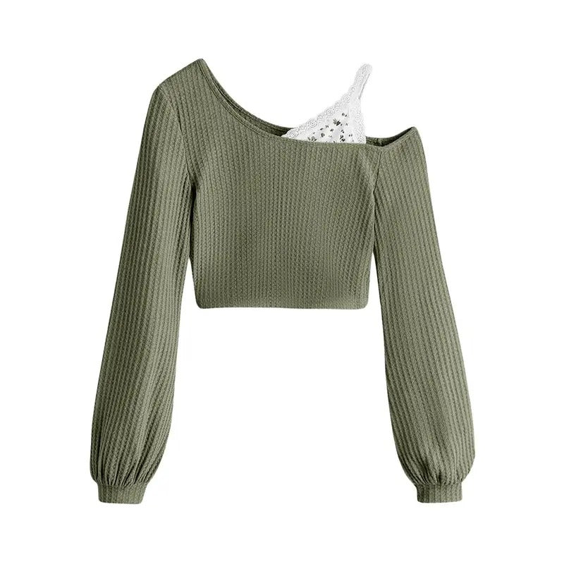 Contrast Lace Cold Shoulder Crop Tops Long Sleeve Asymmetrical Knit T-Shirt Top Hoodie Sweatshirt | PrintMintTees.com