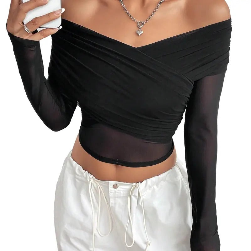 Contrast Mesh Off Shoulder Criss Cross Long Sleeve T Shirt Ruched Wrapped Crop Tee Tops Hoodie, Sweatshirt