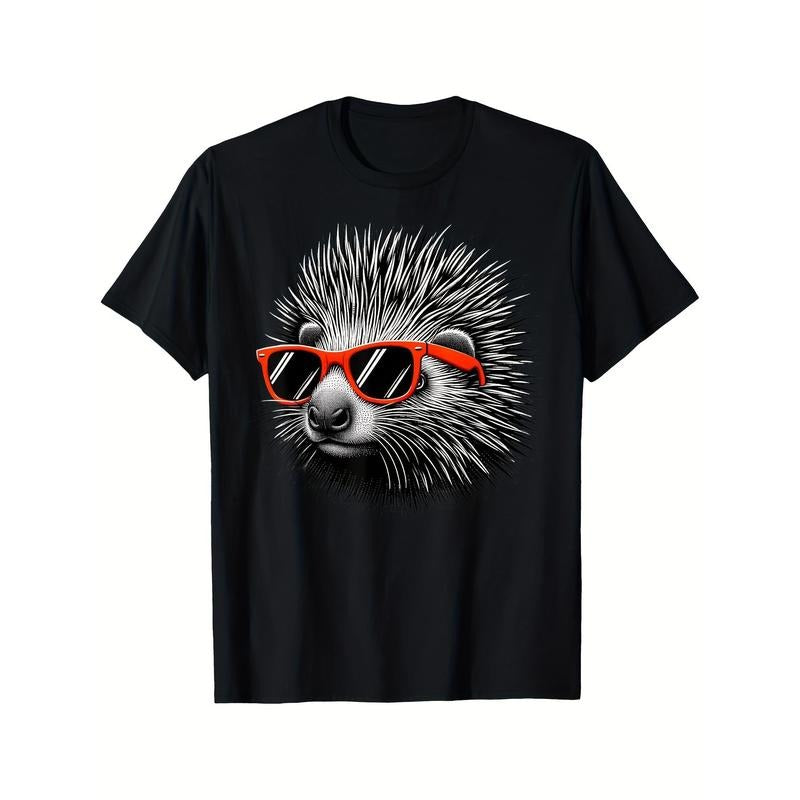 Cool Porcupine Wearing Sunglasses Graphic Art T-shirt Comfortable, Casual Short Sleeve, Daily Wear, All Season, Black,...
