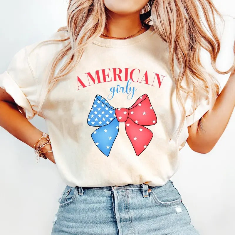 Coquette 4Th Of July T-Shirt, America T-Shirt, Usa T-Shirt, American Girly T-Shirt, American Flag T-Shirt Top Womenswear...