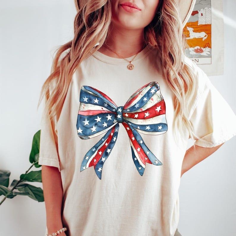 Coquette 4th of July Tshirt, American Flag Shirt, USA Tee, Retro 4th of July T-Shirt, Trendy Summer Shirt, Coquette Bow...