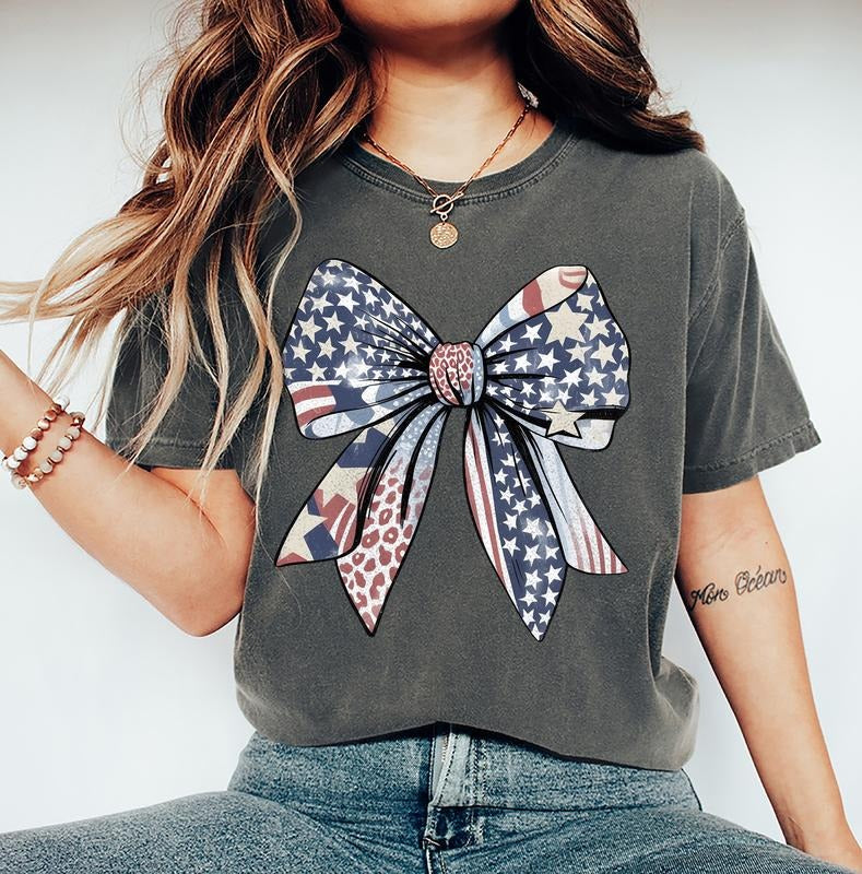 Coquette American Bow Shirt, American Girl Shirt, Girly 4th of July Tee, USA Bow Tee, Independence Day Tee, American...