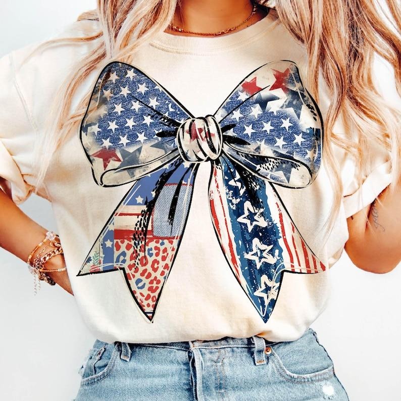 Coquette American Girl T-shirt, Coquette Bow sweatshirt, 4th of July Sublimation, America Tshirt, Freedom, American Flag...