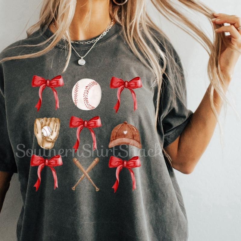 Coquette Bow Baseball Collage T shirt  | Pepper comfort colors t shirt Hoodie Sweatshirt | PrintMintTees.com
